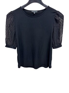 Adrianna Papell Black Mesh Short Sleeve Clip Dot Blouse Sz M $70